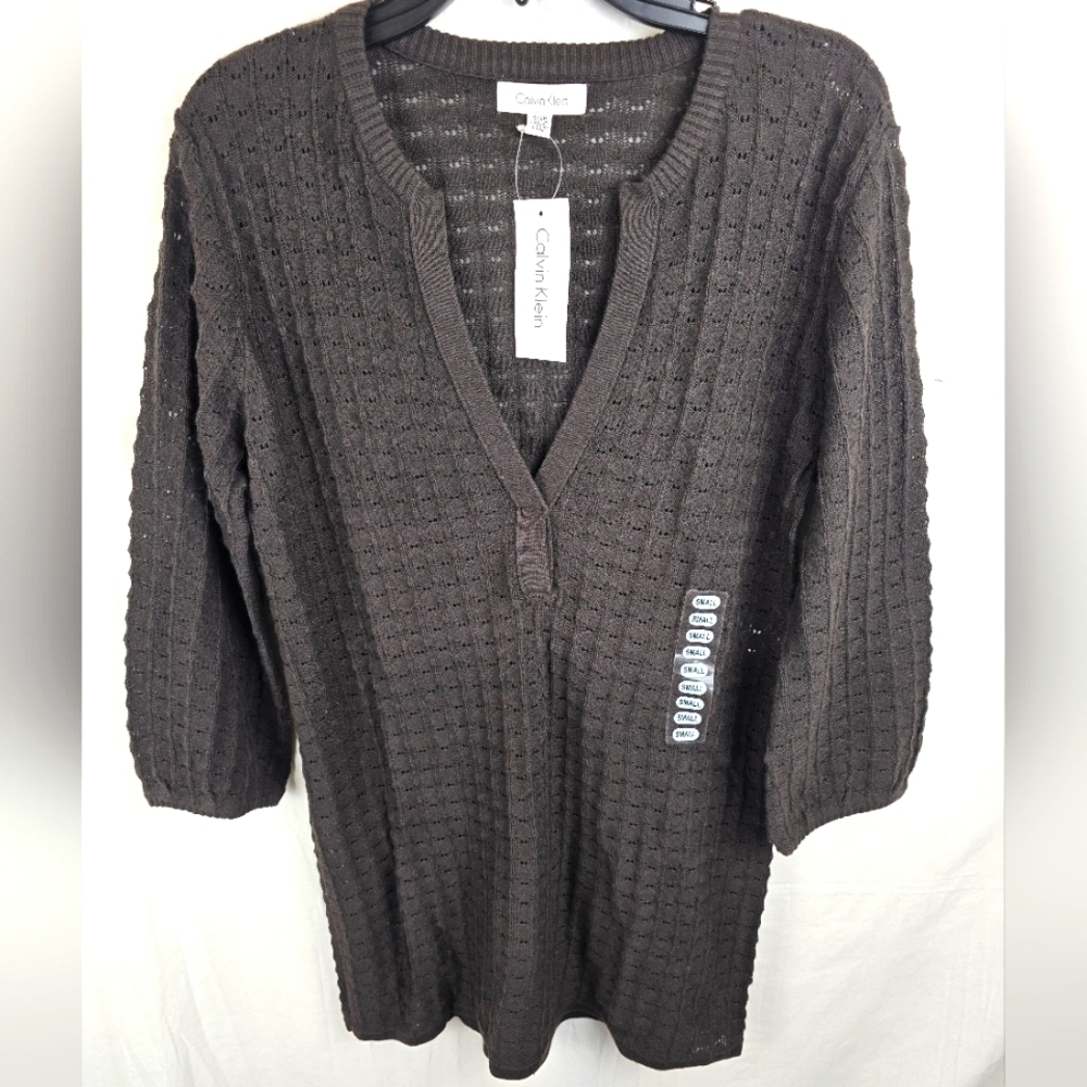 NWT Calvin Klein Brown Knit 3/4th Length Sleeve Vneck Sweater Sz S